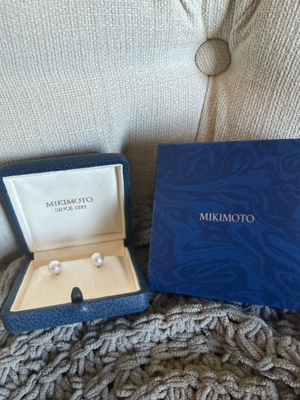 Mikimoto White Gold Pearl Stud Earrings in Signature Blue Box